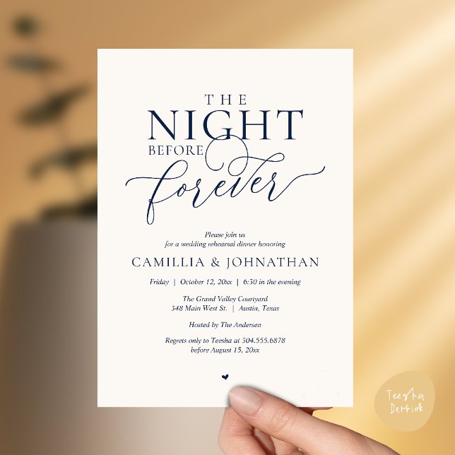Convite “The Night Before Forever” Navy Ivory Rehearsal (“The Night Before Forever” Navy Ivory Rehearsal Invitation Card)