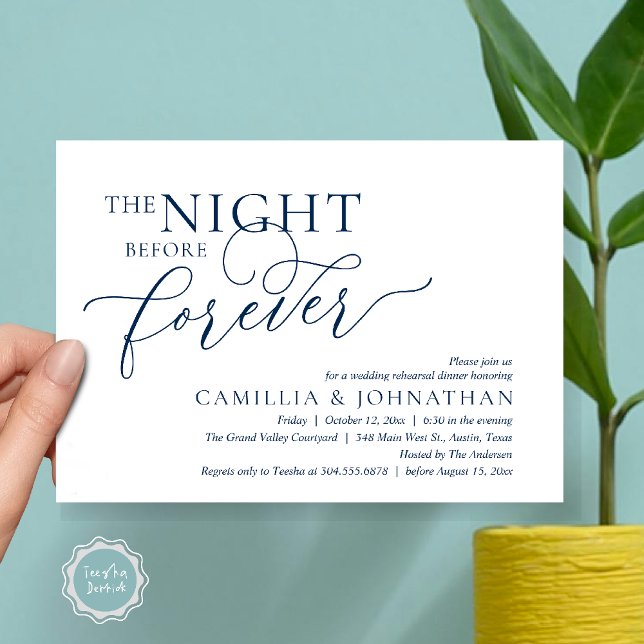 Convite The Night Before Forever, Wedding Rehearsal Dinner (The Night Before Forever Wedding Rehearsal Dinner Romantic Classy Invites Card PDF in Navy Blue)