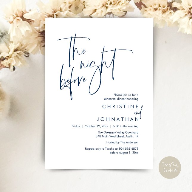 Convite The Night Before, Modern Casual Rehearsal Dinner (The Night Before, Modern Wedding Rehearsal Dinner Invitation Card in Navy Blue)