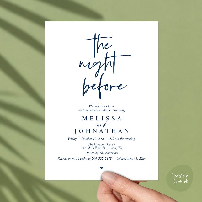 Convite The night before, Modern Wedding Rehearsal Dinner (The night before, Modern minimalist Wedding Rehearsal Dinner Invitation card in navy blue)