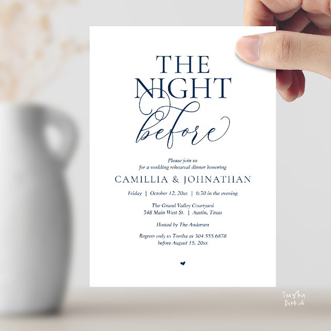 Convite “The Night Before” Modern Wedding Rehearsal Dinner (“The Night Before” Modern Classy Rehearsal Dinner Reception Invitation Card Navy Blue)