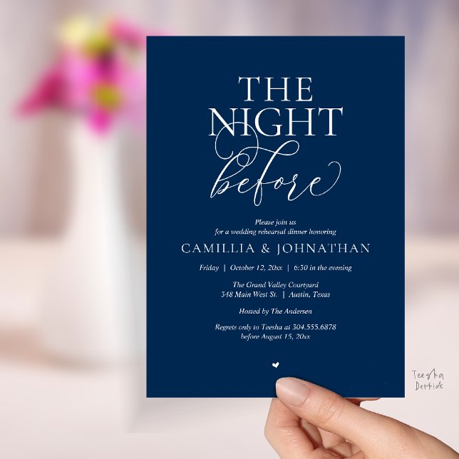 Convite “The Night Before” Modern Wedding Rehearsal Dinner (“The Night Before” Modern Classy Rehearsal Dinner Reception Invitation Card Navy Blue)