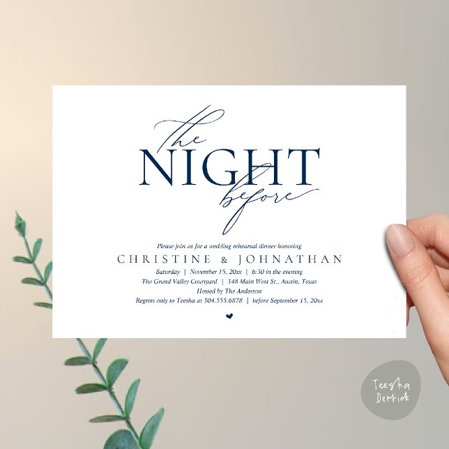 Convite The Night Before, Modern Wedding Rehearsal Dinner  (The Night Before, Modern Wedding Rehearsal Dinner Invitation Card in Navy Blue)