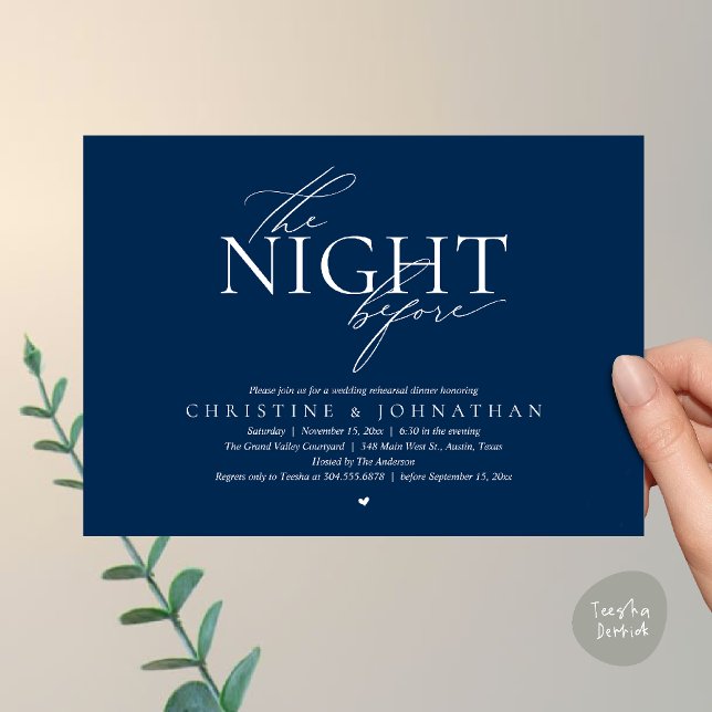 Convite The Night Before, Modern Wedding Rehearsal Dinner  (The Night Before, Modern Wedding Rehearsal Dinner Invitation Card in Navy Blue)