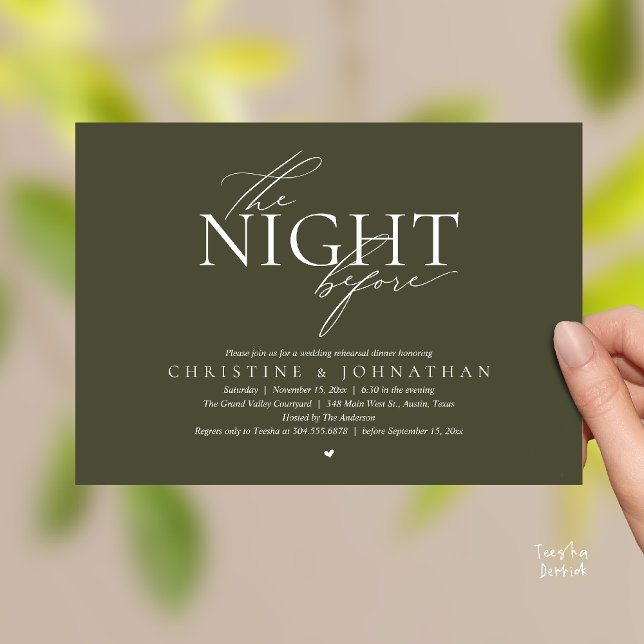 Convite The Night Before, Modern Wedding Rehearsal Dinner  (The Night Before, Modern Wedding Rehearsal Dinner Invitation Card in Olive Green)