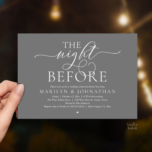 Convite The Night Before, Modern Wedding Rehearsal Dinner (The Night Before, Modern Romantic Classy Wedding Rehearsal Dinner Invitation Card in dark grey)