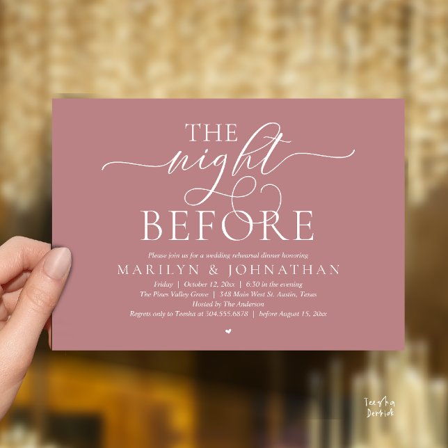 Convite The Night Before, Modern Wedding Rehearsal Dinner (The Night Before, Modern Romantic Classy Wedding Rehearsal Dinner Invitation Card in dusty rose pink)
