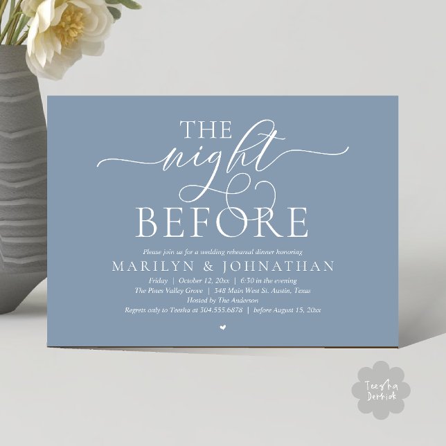 Convite The Night Before, Modern Wedding Rehearsal Dinner (The Night Before, Modern Romantic Classy Wedding Rehearsal Dinner Invitation Card in dusty blue)