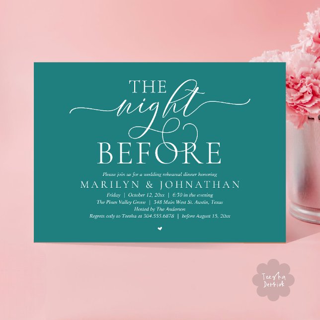Convite The Night Before, Modern Wedding Rehearsal Dinner (The Night Before, Modern Romantic Classy Wedding Rehearsal Dinner Invitation Card in teal green)