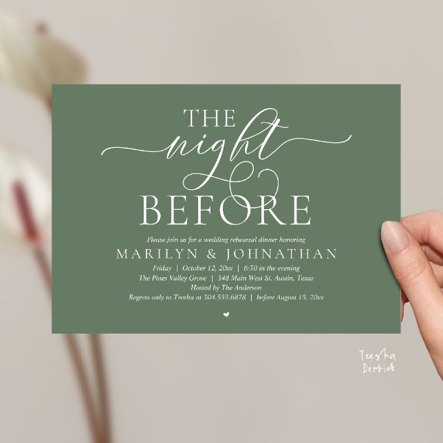 Convite The Night Before, Modern Wedding Rehearsal Dinner (The Night Before, Modern Romantic Classy Wedding Rehearsal Dinner Invitation Card in sage green)