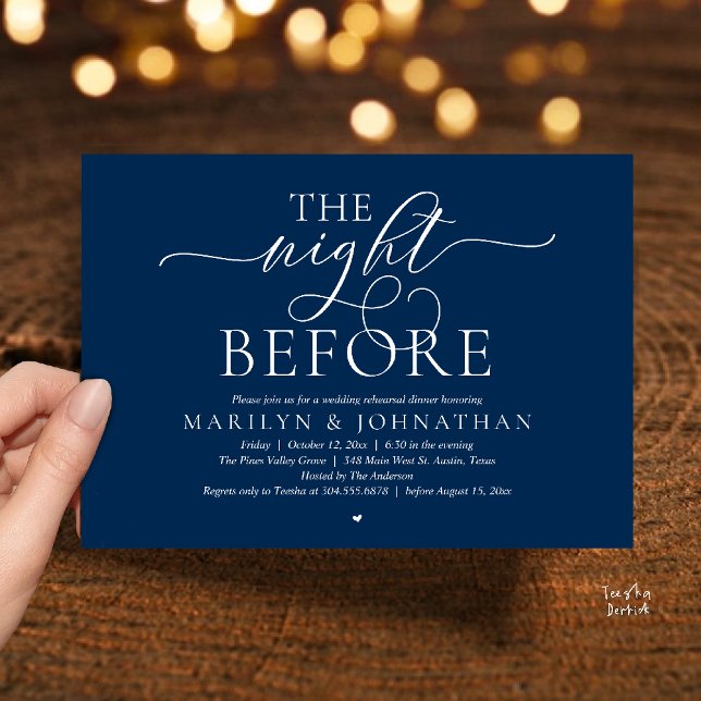 Convite The Night Before, Modern Wedding Rehearsal Dinner (The Night Before, Modern Romantic Classy Wedding Rehearsal Dinner Invitation Card in navy blue)