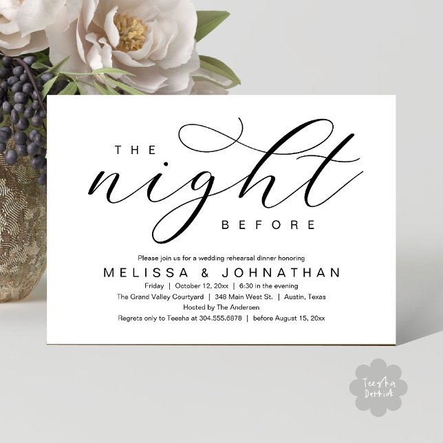 Convite The Night Before, Modern Wedding Rehearsal Dinner (The Night Before, Classy Modern Wedding Rehearsal Dinner Invitation Card PDF Black White)