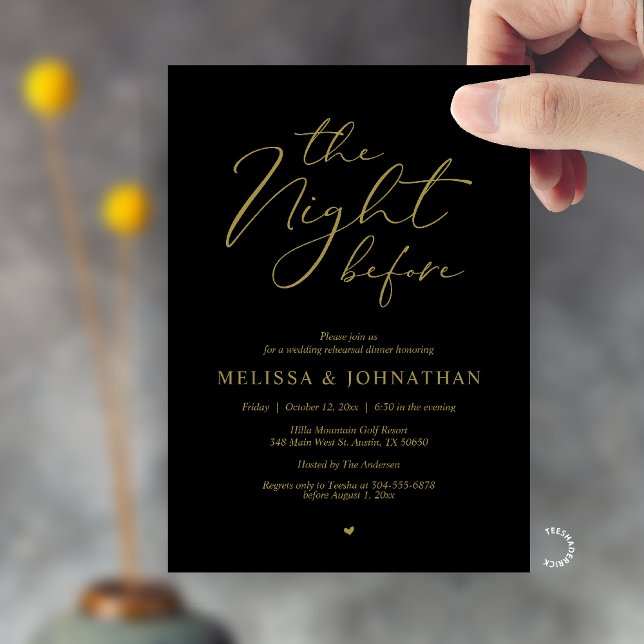 Convite The Night Before Romantic Wedding Rehearsal Dinner (The Night Before Romantic Wedding Rehearsal Dinner Invitation card in black gold)