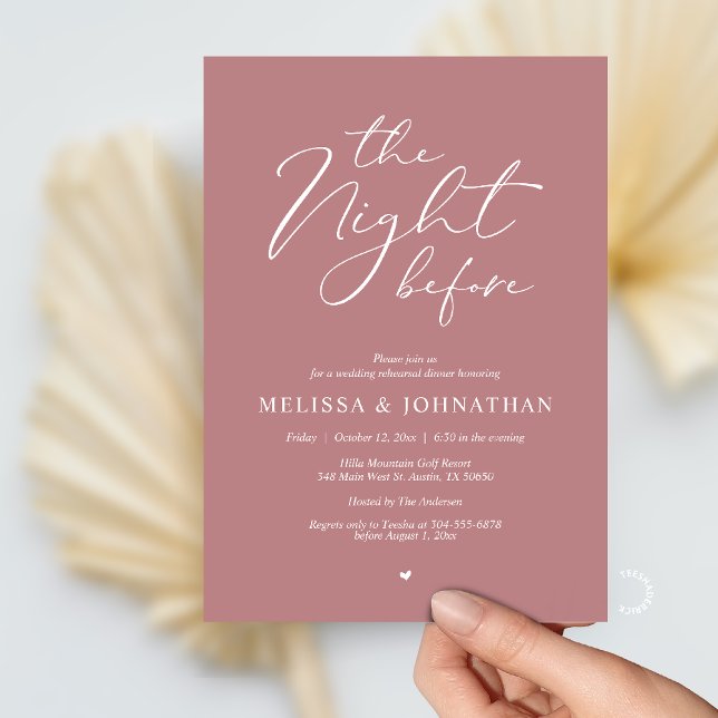 Convite The Night Before Romantic Wedding Rehearsal Dinner (The Night Before Romantic Wedding Rehearsal Dinner Invitation card in Dusty Rose Pink)