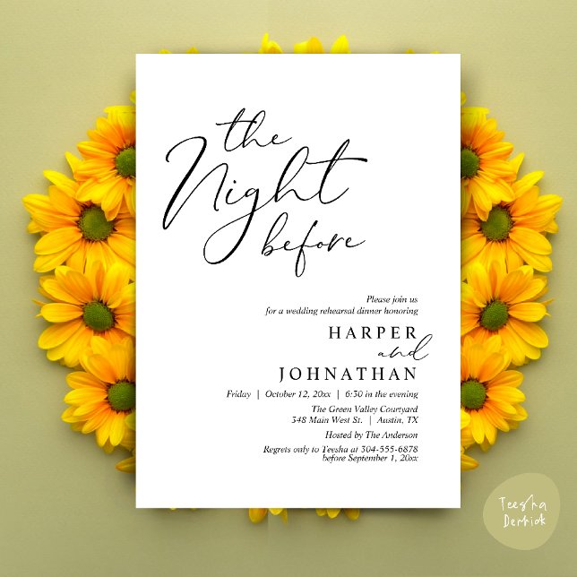 Convite The Night Before Romantic Wedding Rehearsal Dinner (The Night Before Romantic Wedding Rehearsal Dinner Modern Invitation Card PDF White Black)