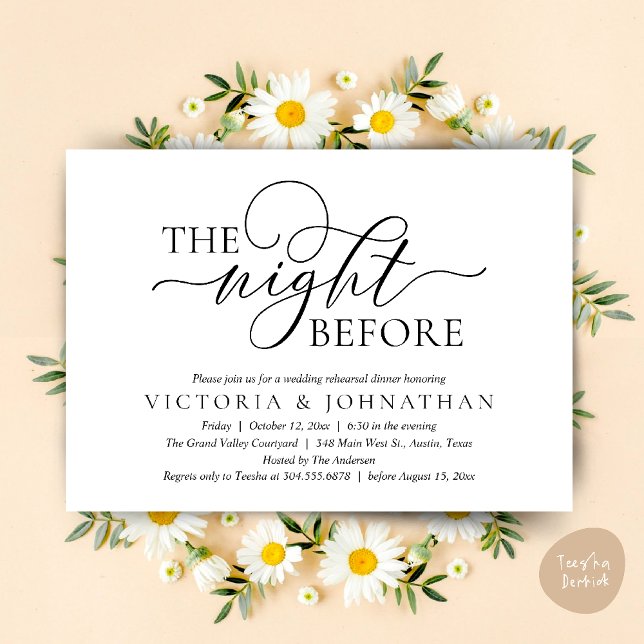 Convite The Night Before, Wedding Rehearsal Dinner Party (The Night Before, Wedding Rehearsal Dinner Party Classy Romantic Invitation Card PDF Black White)