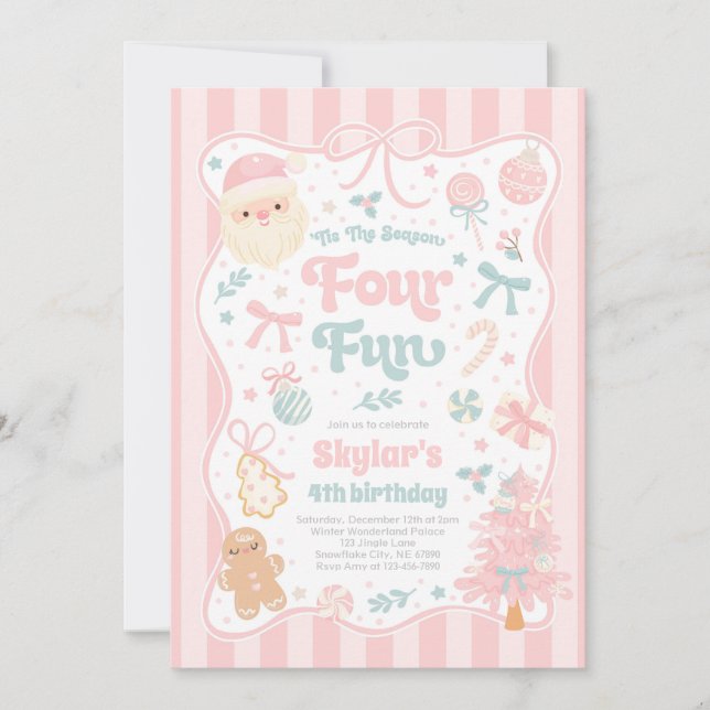 Convite The Season Four Fun Christmas Bow 4th Birthday (Frente)