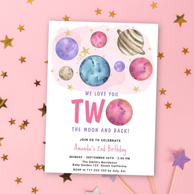 Convite The Space Girl Two the Moon Birthday Star Party (Criador carregado)
