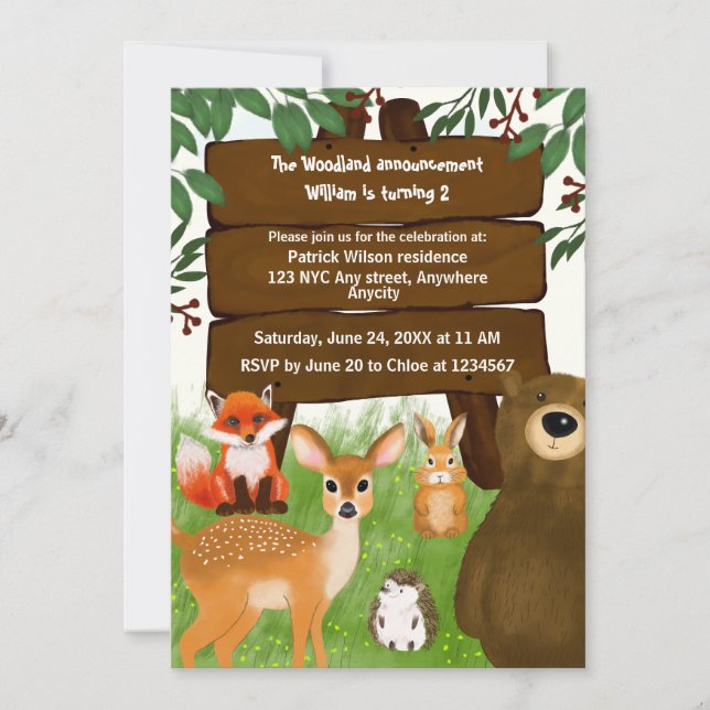 Convite The Woodland Birthday Party Forest Animals Kids (Frente)