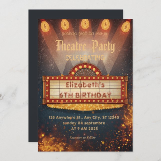 Convite Theatre Marquee Party Invitation – Birthday invite (Frente/Verso)
