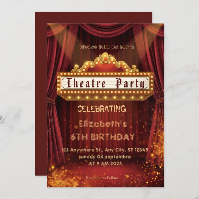 Convite Theatre Marquee Party Invitation – Birthday invite (Frente/Verso)