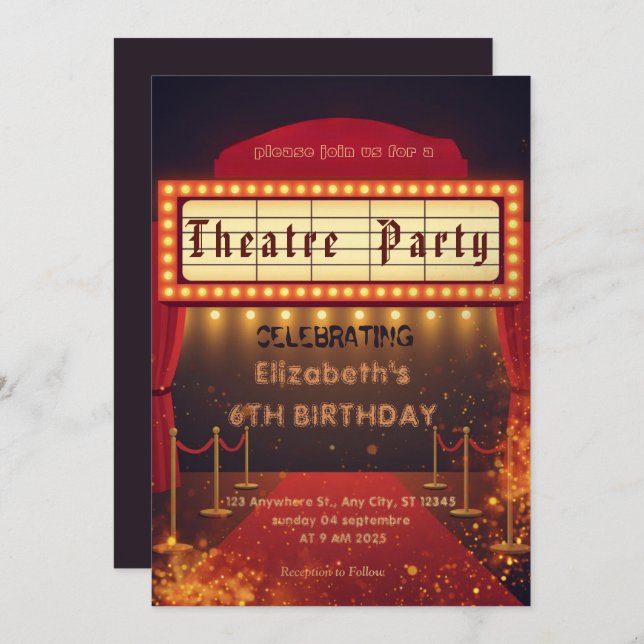Convite Theatre Marquee Party Invitation – Birthday invite (Frente/Verso)