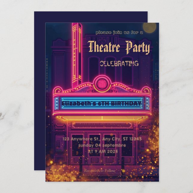 Convite Theatre Marquee Party Invitation – Birthday invite (Frente/Verso)