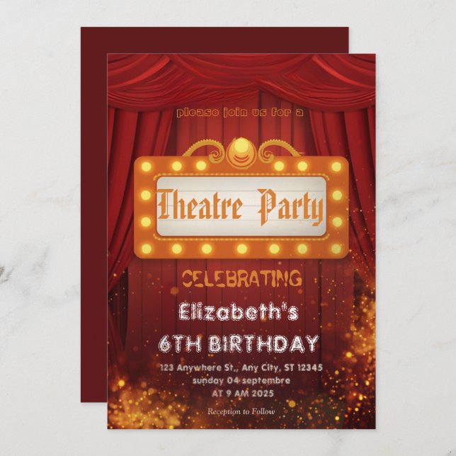 Convite Theatre Marquee Party Invitation – Birthday invite (Frente/Verso)