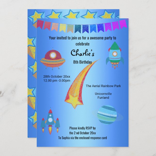 Convite Thema espacial Blue Star Aniversário (Frente/Verso)