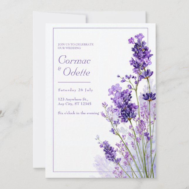 Convite Thin Purple Watercolor Lavender Frame Wedding (Frente)