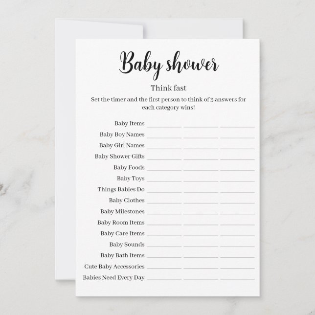 Convite Think Fast Baby Shower Game, Baby Shower Printable (Frente)