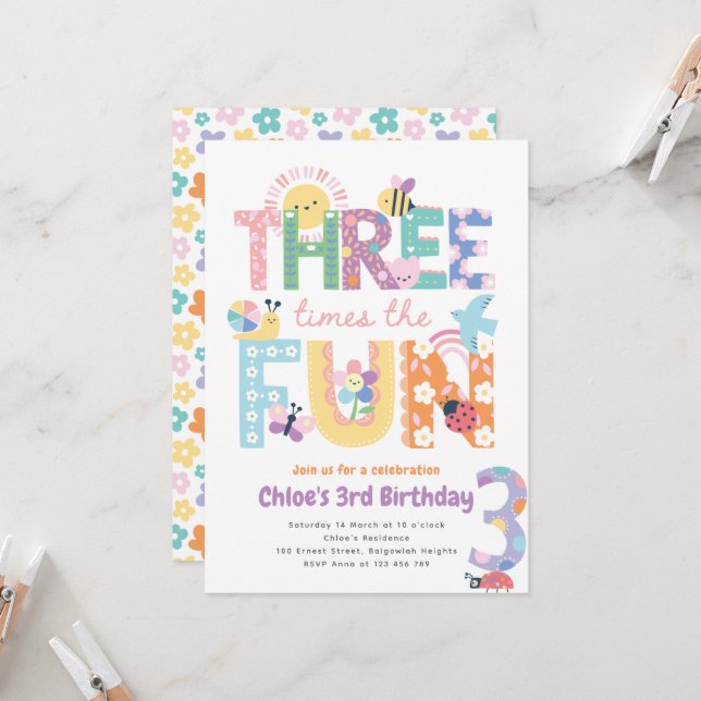 Convite Third Birthday Invite Girl, Three Times the Fun (Frente/Verso In Situ)