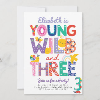 Convite Third Birthday Invite, Rainbow, Young Wild & Three