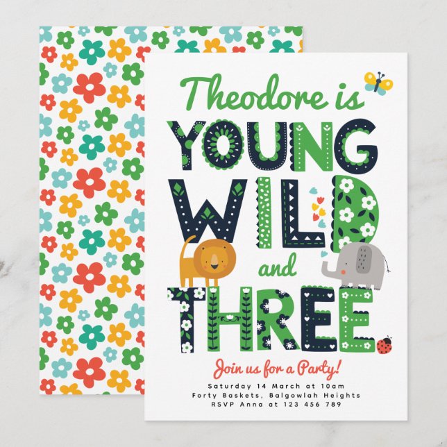Convite Third Birthday Invite, Young, Wild and Three Boys (Frente/Verso)