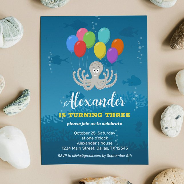 Convite Third Birthday Party Octopus Balloons Invitation (Criador carregado)