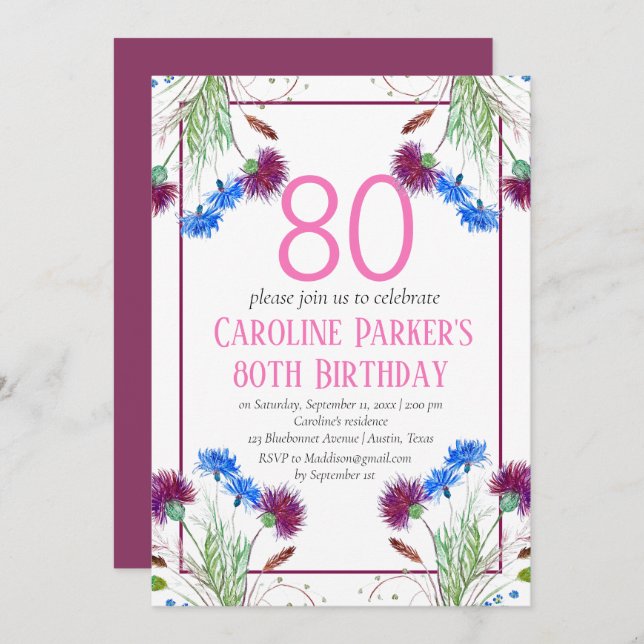 Convite Thiste Scottish 80 Birthday Purple Floral (Frente/Verso)