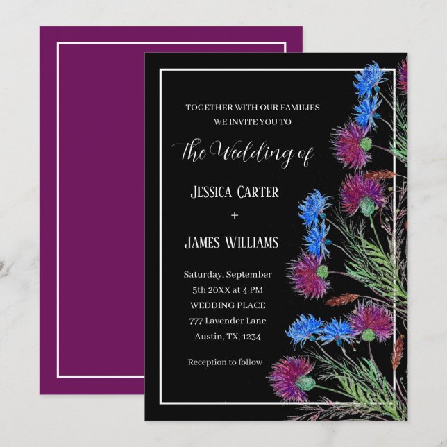 Convite Thistle Cornflower Watercolor Casamento Russo (Frente/Verso)