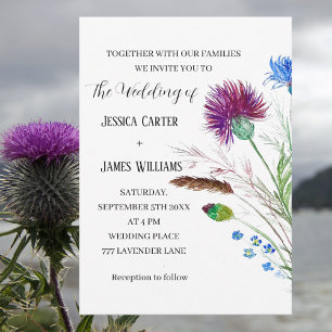 Convite Thistle Cornflower Watercolor Casamento Russo
