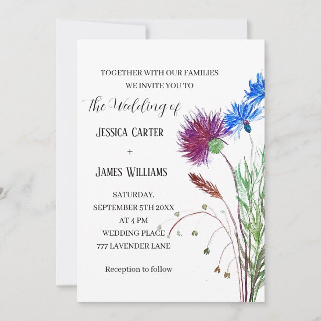 Convite Thistle Cornflower Watercolor Casamento Russo (Frente)