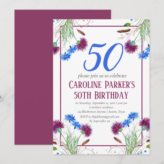 Convite Thistle Scottish 50th Birthday Purple Floral (Frente/Verso)