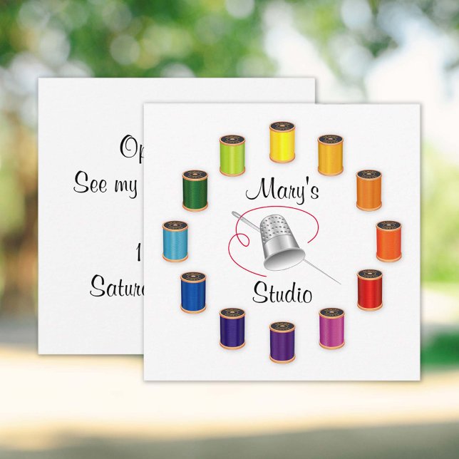 Convite Threads, Agulhas e fios de costura (Invitation to your Studio!
Silver thimble, needle and vivid color wheel of threads design. )