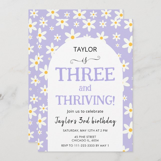 Convite THREE and Thriving Purple Daisy 3rd Birthday (Frente/Verso)