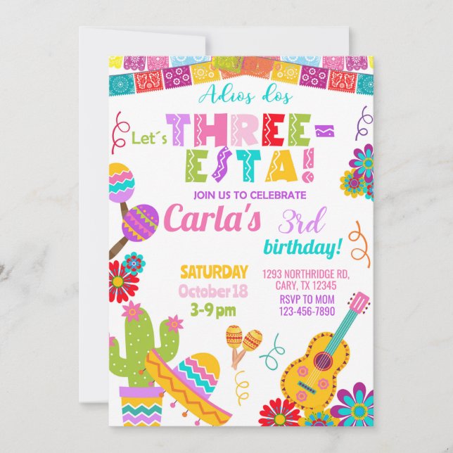 Convite Three-esta Fiesta girl 3rd birthday invitation. (Frente)