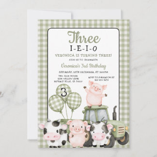 Convite Three-I-E-I-O Birthday Sage Green farm animal
