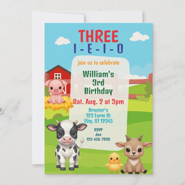 Convite Three I-E-I-O, Cute Farm Animal 3rd Birthday (Frente)