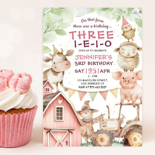 Convite THREE-I-E-I-O Pink Girl Farm 3º Aniversário