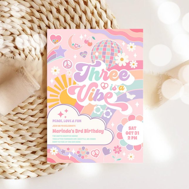 Convite Three Is A Vibe Sun Rainbow Disco 3rd Birthday (Criador carregado)