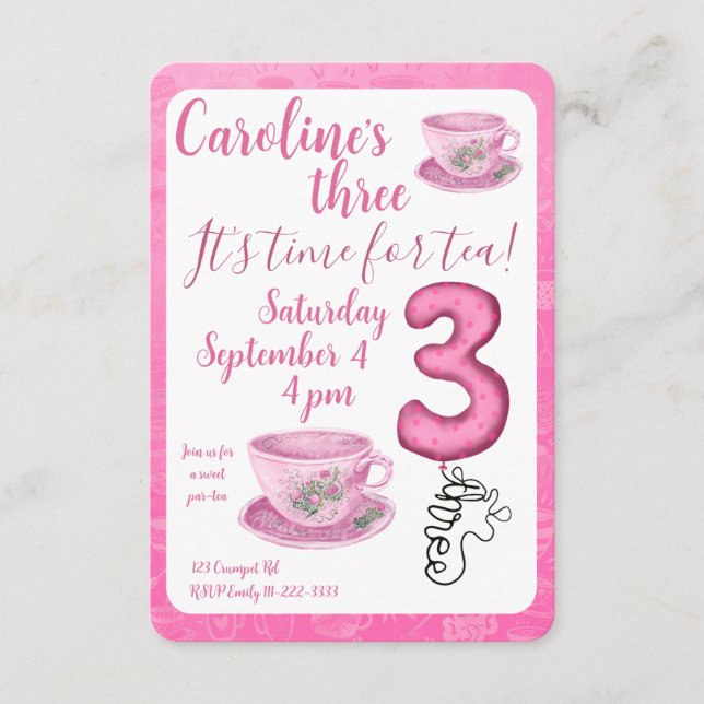 Convite Three It’s Time for Tea 3rd Birthday Invitation (Frente)
