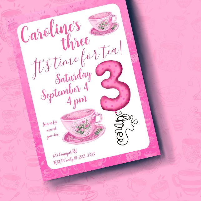 Convite Three It’s Time for Tea 3rd Birthday Invitation (Criador carregado)
