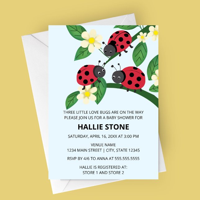 Convite Three Little Love Bugs Ladybug Baby Shower (Three Little Love Bugs Ladybug Baby Shower Invite | Floral Garden Triplet Shower Invitation)